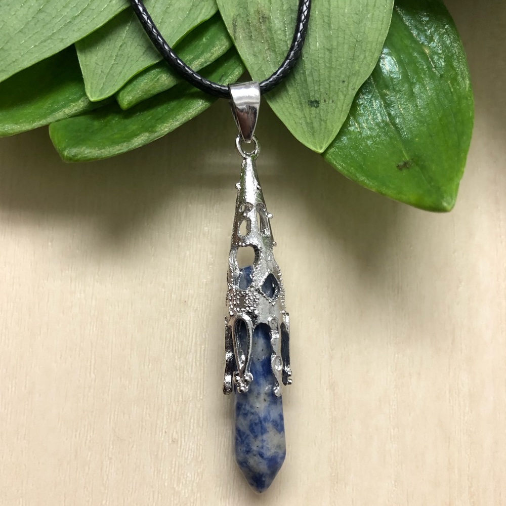 Sodalite Natural Stone Hexagonal Prism Pyramid Pendant Gemstone Necklace